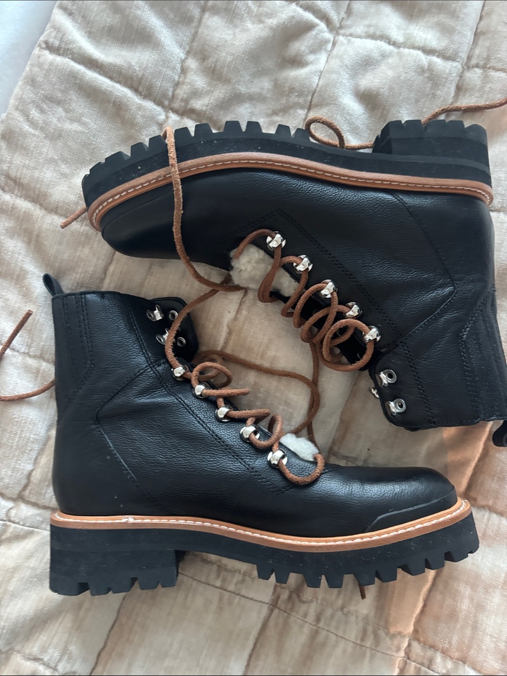 Marc Fisher Black Lace-Up Boots with Brown Laces and Cream Shearling - Picture 5 of 7
